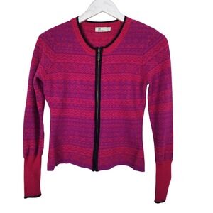 NEVE‎ Cardigan Sweater Womens Small Pink Fair Isle Wool Full Zip Ski Knit